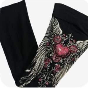 Black Leggings with Pink Heart and Wings Design